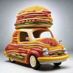 A quirky and imaginative portrait of a car made entirely of food items, such as a hotdog bun for the body, cheese wheels for tires, and pretzels for the steering wheel.