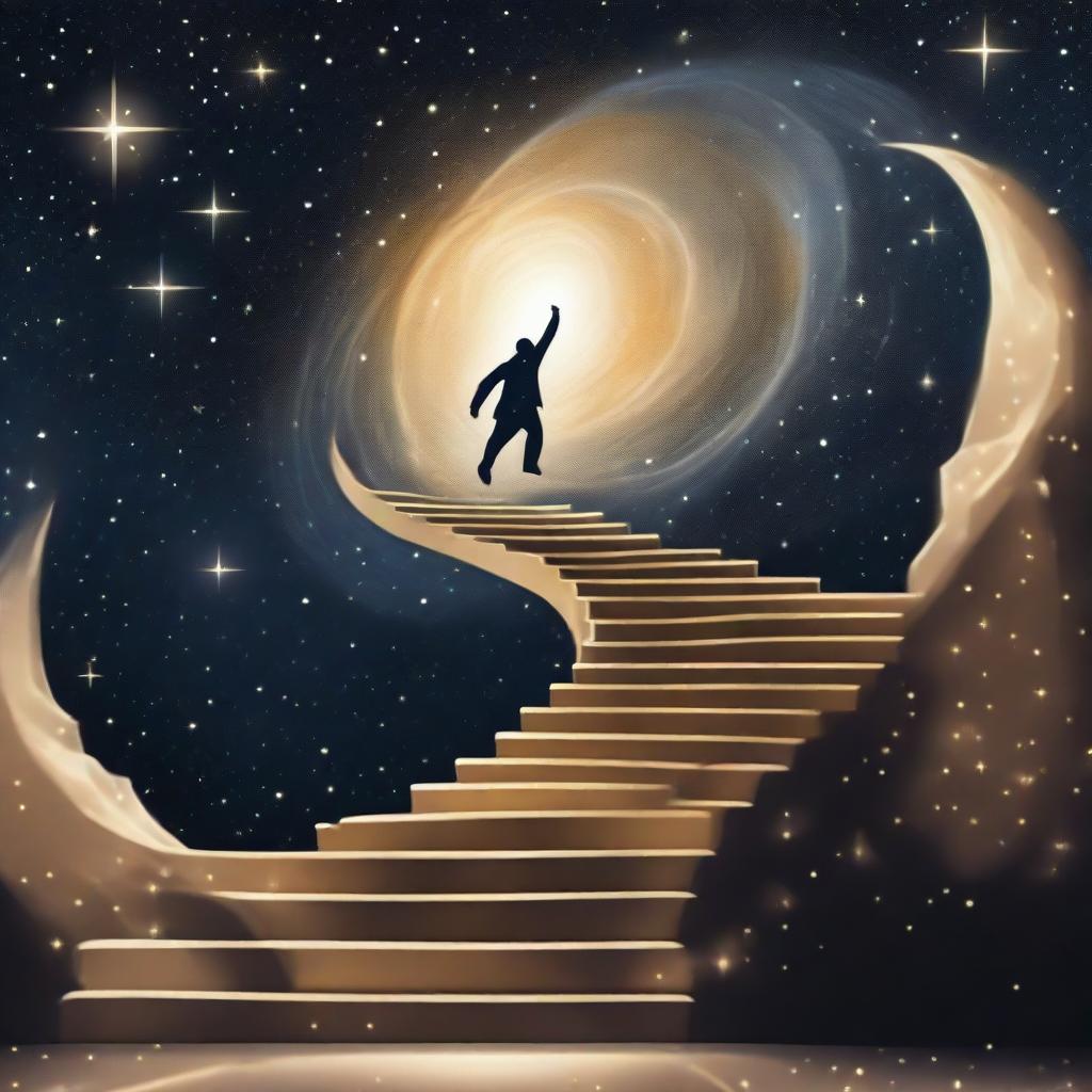 A dynamic representation of 'Endless Effort'. Illustrate a figure forever climbing an infinite staircase, symbolic of perpetual struggle and aspiration, against a backdrop of a vast, starry expanse.