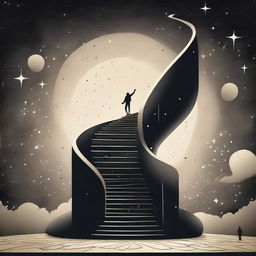 A dynamic representation of 'Endless Effort'. Illustrate a figure forever climbing an infinite staircase, symbolic of perpetual struggle and aspiration, against a backdrop of a vast, starry expanse.