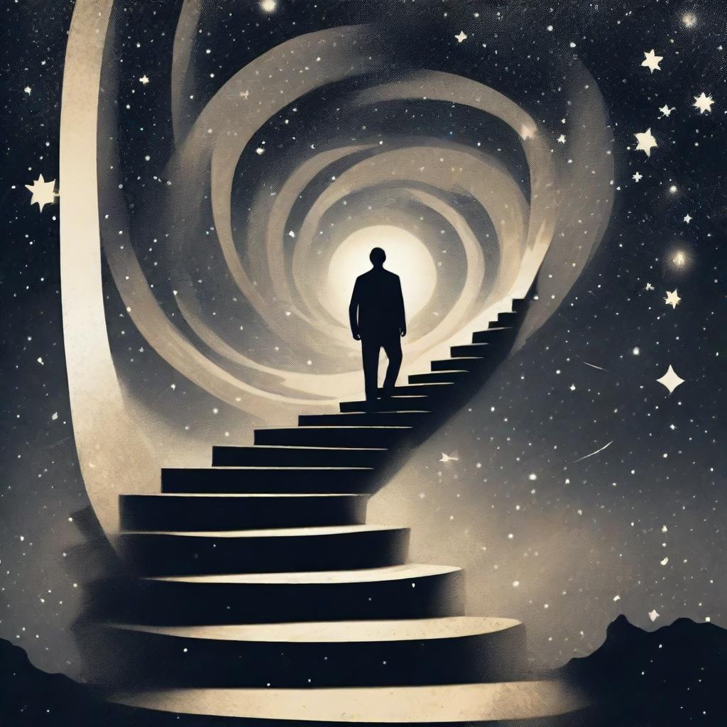 A dynamic representation of 'Endless Effort'. Illustrate a figure forever climbing an infinite staircase, symbolic of perpetual struggle and aspiration, against a backdrop of a vast, starry expanse.