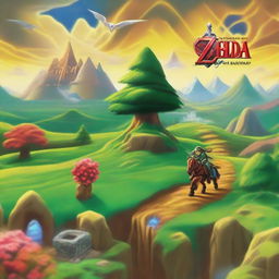 A vivid representation of the iconic elements from 'The Legend of Zelda: Ocarina of Time', widely regarded as one of the best video games of all time. Showcase Link, the Master Sword, and iconic landscapes from the game.