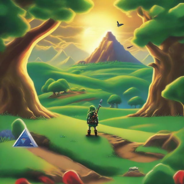 A vivid representation of the iconic elements from 'The Legend of Zelda: Ocarina of Time', widely regarded as one of the best video games of all time. Showcase Link, the Master Sword, and iconic landscapes from the game.