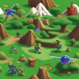 A vivid representation of the iconic elements from 'The Legend of Zelda: Ocarina of Time', widely regarded as one of the best video games of all time. Showcase Link, the Master Sword, and iconic landscapes from the game.