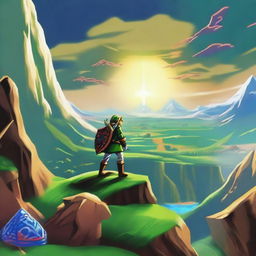 A vivid representation of the iconic elements from 'The Legend of Zelda: Ocarina of Time', widely regarded as one of the best video games of all time. Showcase Link, the Master Sword, and iconic landscapes from the game.