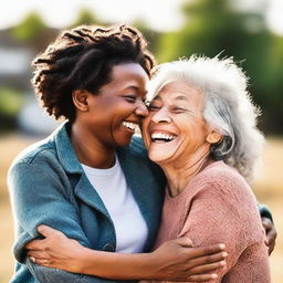 A heartwarming scene of true friendship. Two people, different in appearance but united in their bond, sharing a warm, genuine moment together. They're laughing, each with an arm around the other's shoulder.