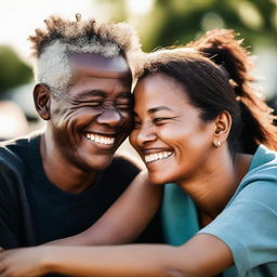 A heartwarming scene of true friendship. Two people, different in appearance but united in their bond, sharing a warm, genuine moment together. They're laughing, each with an arm around the other's shoulder.