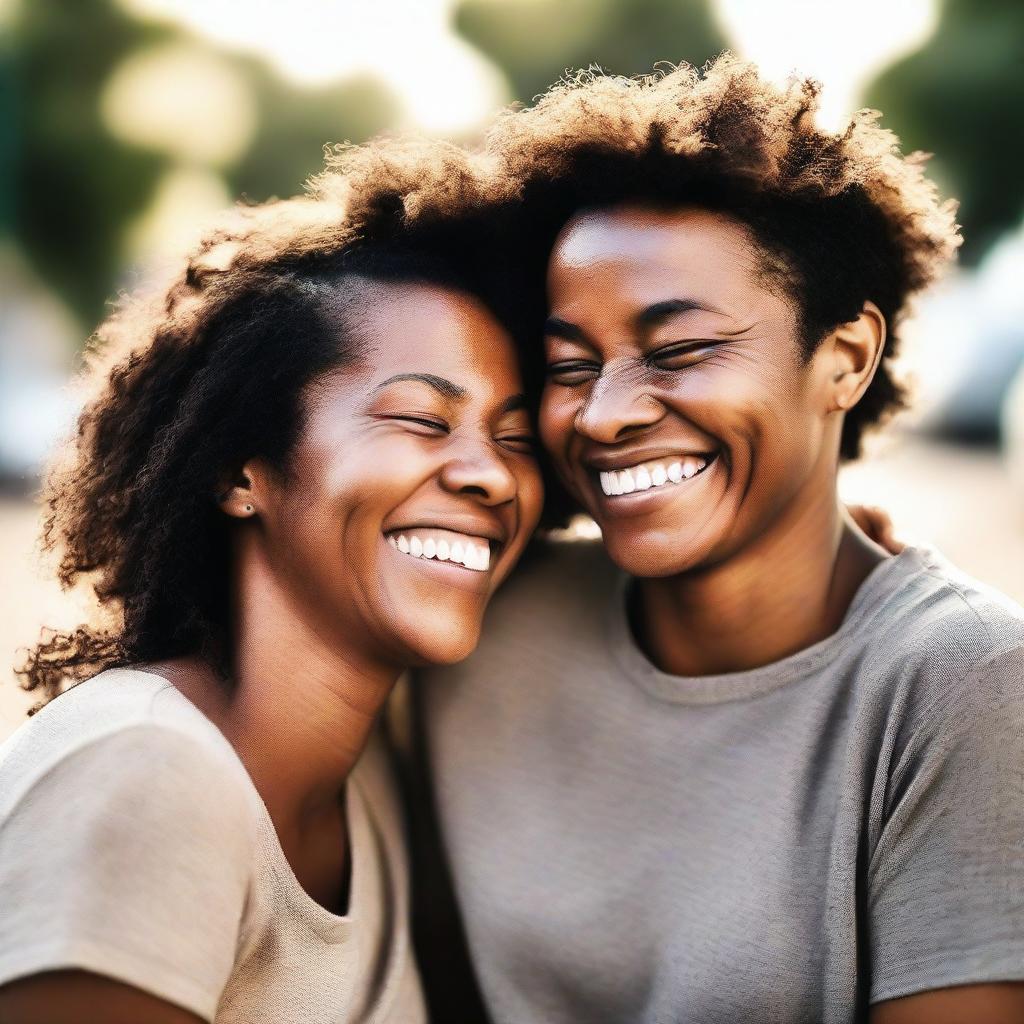 A heartwarming scene of true friendship. Two people, different in appearance but united in their bond, sharing a warm, genuine moment together. They're laughing, each with an arm around the other's shoulder.