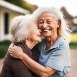 A heartwarming scene of true friendship. Two people, different in appearance but united in their bond, sharing a warm, genuine moment together. They're laughing, each with an arm around the other's shoulder.