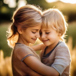 A touching moment between a mother and her son. The mother, filled with love and tenderness, is hugging her young boy who is smiling back at her. A warm, golden light surrounds them.