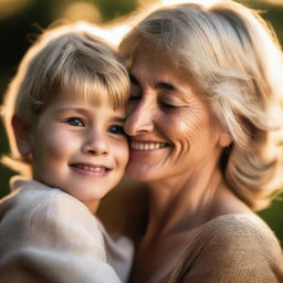 A touching moment between a mother and her son. The mother, filled with love and tenderness, is hugging her young boy who is smiling back at her. A warm, golden light surrounds them.