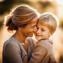 A touching moment between a mother and her son. The mother, filled with love and tenderness, is hugging her young boy who is smiling back at her. A warm, golden light surrounds them.