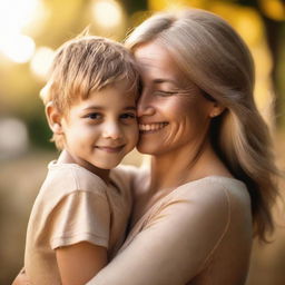 A touching moment between a mother and her son. The mother, filled with love and tenderness, is hugging her young boy who is smiling back at her. A warm, golden light surrounds them.