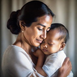 A tender moment of motherly love. The mother, her face glowing with affection, cradles her son's face, their foreheads touching. The child's eyes are closed, his face expressing contentment and trust.