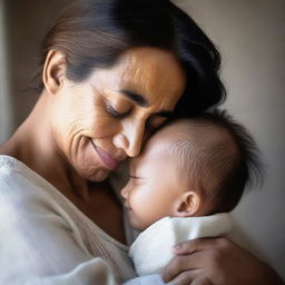 A tender moment of motherly love. The mother, her face glowing with affection, cradles her son's face, their foreheads touching. The child's eyes are closed, his face expressing contentment and trust.