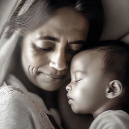 A tender moment of motherly love. The mother, her face glowing with affection, cradles her son's face, their foreheads touching. The child's eyes are closed, his face expressing contentment and trust.