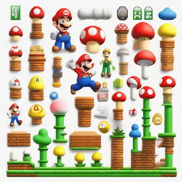 A visual representation of key elements from 'Super Mario Bros.', often recognized as one of the greatest video games of all time. It should depict Mario, the Mushroom Kingdom, and other characteristic symbols from the game.