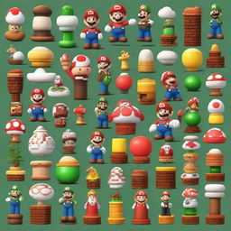 A visual representation of key elements from 'Super Mario Bros.', often recognized as one of the greatest video games of all time. It should depict Mario, the Mushroom Kingdom, and other characteristic symbols from the game.