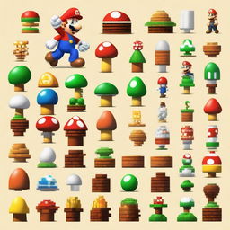 A visual representation of key elements from 'Super Mario Bros.', often recognized as one of the greatest video games of all time. It should depict Mario, the Mushroom Kingdom, and other characteristic symbols from the game.