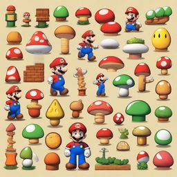 A visual representation of key elements from 'Super Mario Bros.', often recognized as one of the greatest video games of all time. It should depict Mario, the Mushroom Kingdom, and other characteristic symbols from the game.