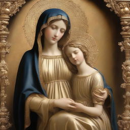 A classic depiction of Mary and her son, Jesus. Show Mary holding a young Jesus in her arms, both cloaked in richly adorned garments. Their faces exude peace and grace against a backdrop of divine light.