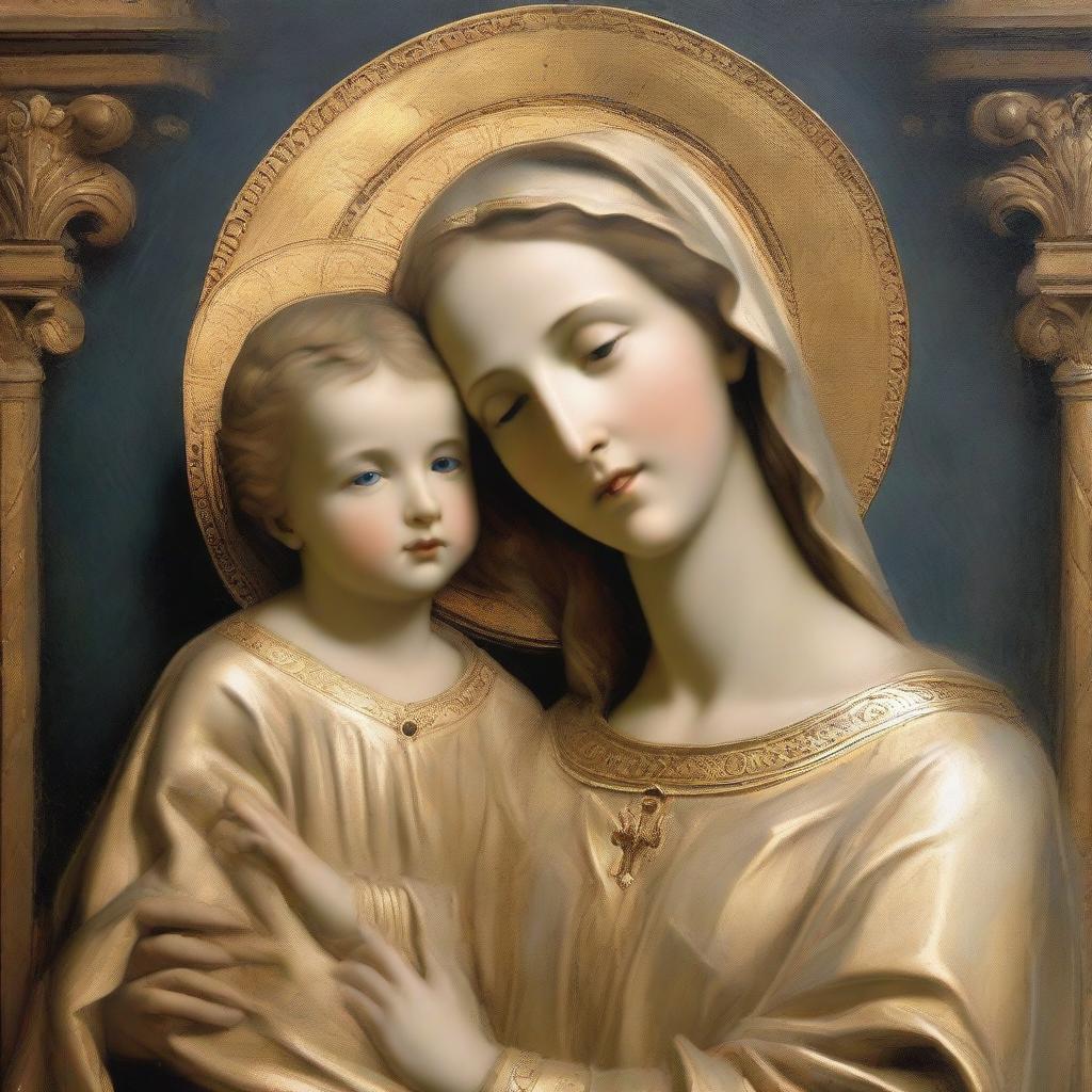 A classic depiction of Mary and her son, Jesus. Show Mary holding a young Jesus in her arms, both cloaked in richly adorned garments. Their faces exude peace and grace against a backdrop of divine light.