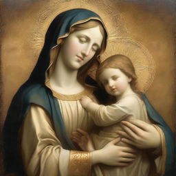 A classic depiction of Mary and her son, Jesus. Show Mary holding a young Jesus in her arms, both cloaked in richly adorned garments. Their faces exude peace and grace against a backdrop of divine light.