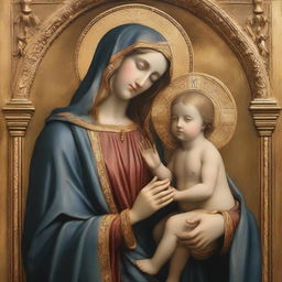 A classic depiction of Mary and her son, Jesus. Show Mary holding a young Jesus in her arms, both cloaked in richly adorned garments. Their faces exude peace and grace against a backdrop of divine light.