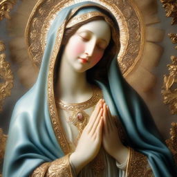 A divine portrayal of Virgin Mary, the mother of Jesus. Her face is serene and loving, a soft light illuminating her. She is arrayed in rich, resplendent garments, her hands joined in prayer.