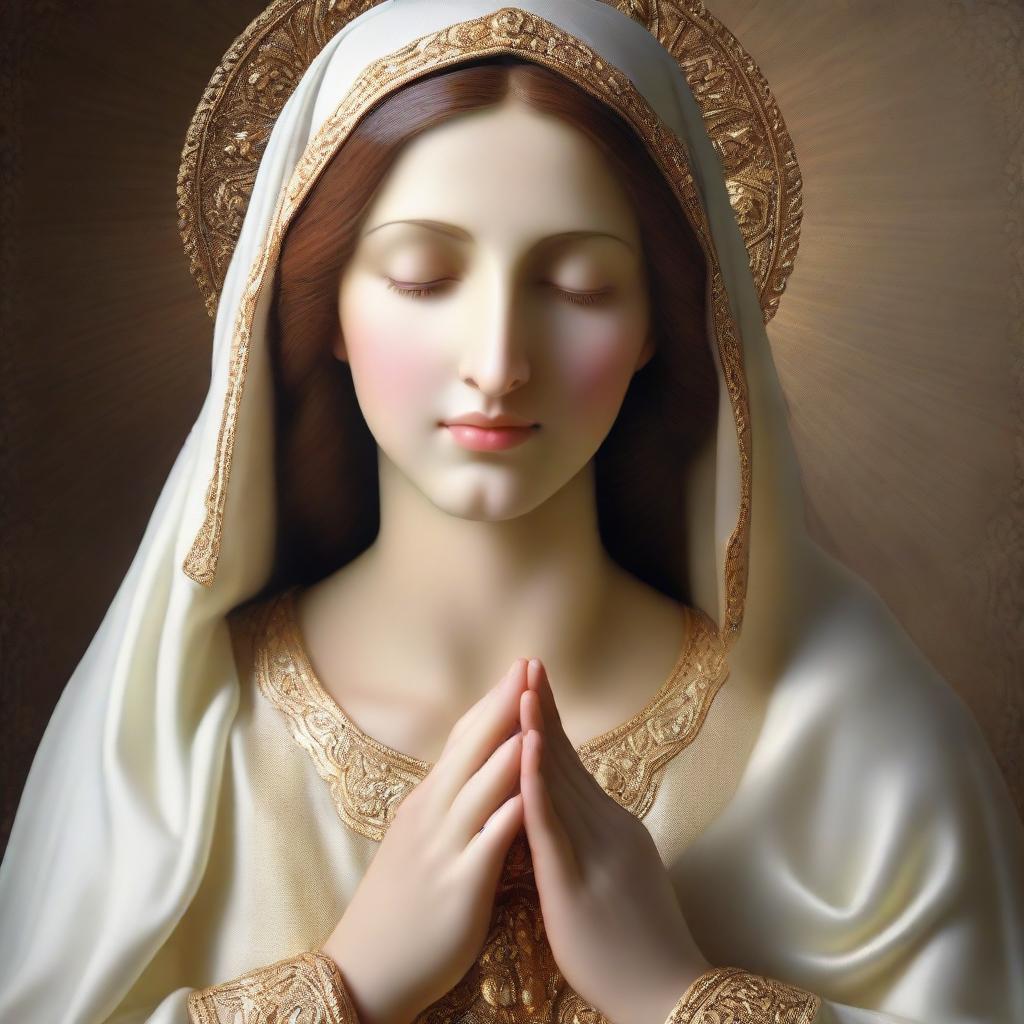 A divine portrayal of Virgin Mary, the mother of Jesus. Her face is serene and loving, a soft light illuminating her. She is arrayed in rich, resplendent garments, her hands joined in prayer.