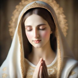 A divine portrayal of Virgin Mary, the mother of Jesus. Her face is serene and loving, a soft light illuminating her. She is arrayed in rich, resplendent garments, her hands joined in prayer.