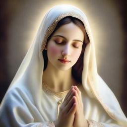 A divine portrayal of Virgin Mary, the mother of Jesus. Her face is serene and loving, a soft light illuminating her. She is arrayed in rich, resplendent garments, her hands joined in prayer.