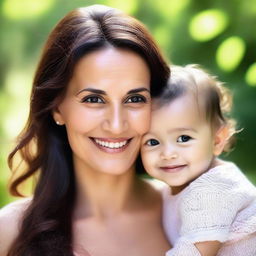 An enchanting portrait of a beautiful mother. Her face is radiant, eyes glowing with love. She smiles tenderly, her charm evident, encapsulating the essence of maternal beauty.