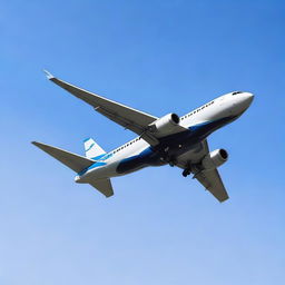 A well-detailed, high-flying commercial jet gliding in a clear blue sky