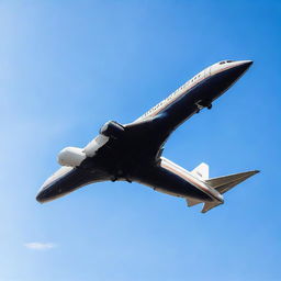 A well-detailed, high-flying commercial jet gliding in a clear blue sky