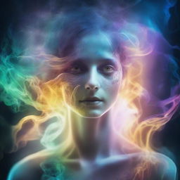 A complex portrait of a person, half translucent and ethereal, merging into the vibrant, highly detailed real world on one side and the ghostly, mystical spirit world on the other side.