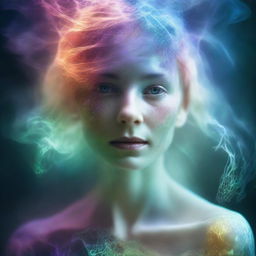 A complex portrait of a person, half translucent and ethereal, merging into the vibrant, highly detailed real world on one side and the ghostly, mystical spirit world on the other side.