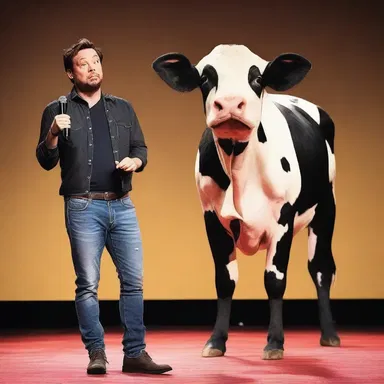During the stand-up comedy show, the comedian made a funny joke about a clumsy horny cow.