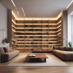 A minimalist library design, with dimensions of 9x8, filled with neatly arranged books, modern furniture, and warm lighting.