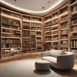 A minimalist library design, with dimensions of 9x8, filled with neatly arranged books, modern furniture, and warm lighting.