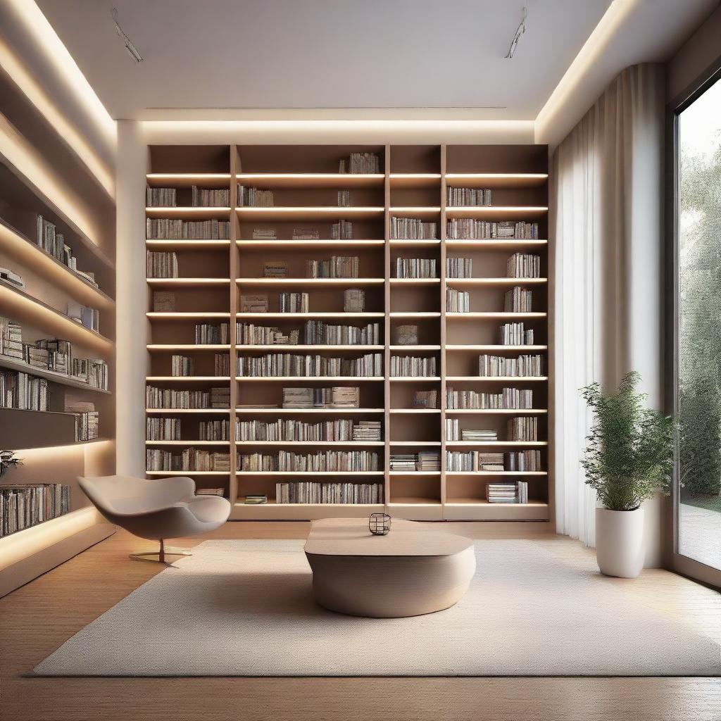 A minimalist library design, with dimensions of 9x8, filled with neatly arranged books, modern furniture, and warm lighting.