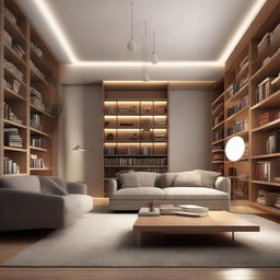 A minimalist library design, with dimensions of 9x8, filled with neatly arranged books, modern furniture, and warm lighting.