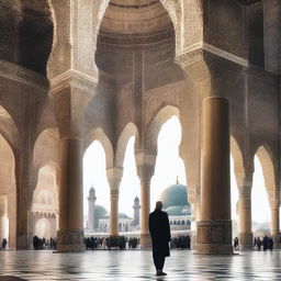 Third person perspective of an individual admiring the architectural marvels of the Ottoman Empire era, filled with cultural and historical significance. The person is observing grand mosques, bustling marketplaces, and intricate detailings.