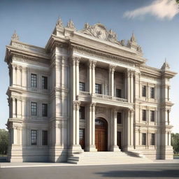 A large and majestic library building measuring 9x8. The facade is intricate and elegant with elements of classical architecture.