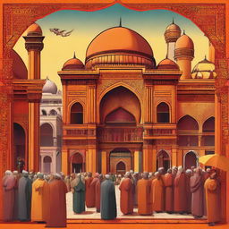 A stylized 2D image capturing the essence of the Ottoman Empire, cloaked in vibrant hues of orange, red, and yellow. The image portrays grand architecture, bustling markets, and culturally significant details.