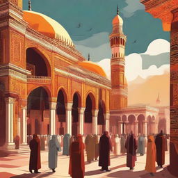 A stylized 2D image capturing the essence of the Ottoman Empire, cloaked in vibrant hues of orange, red, and yellow. The image portrays grand architecture, bustling markets, and culturally significant details.