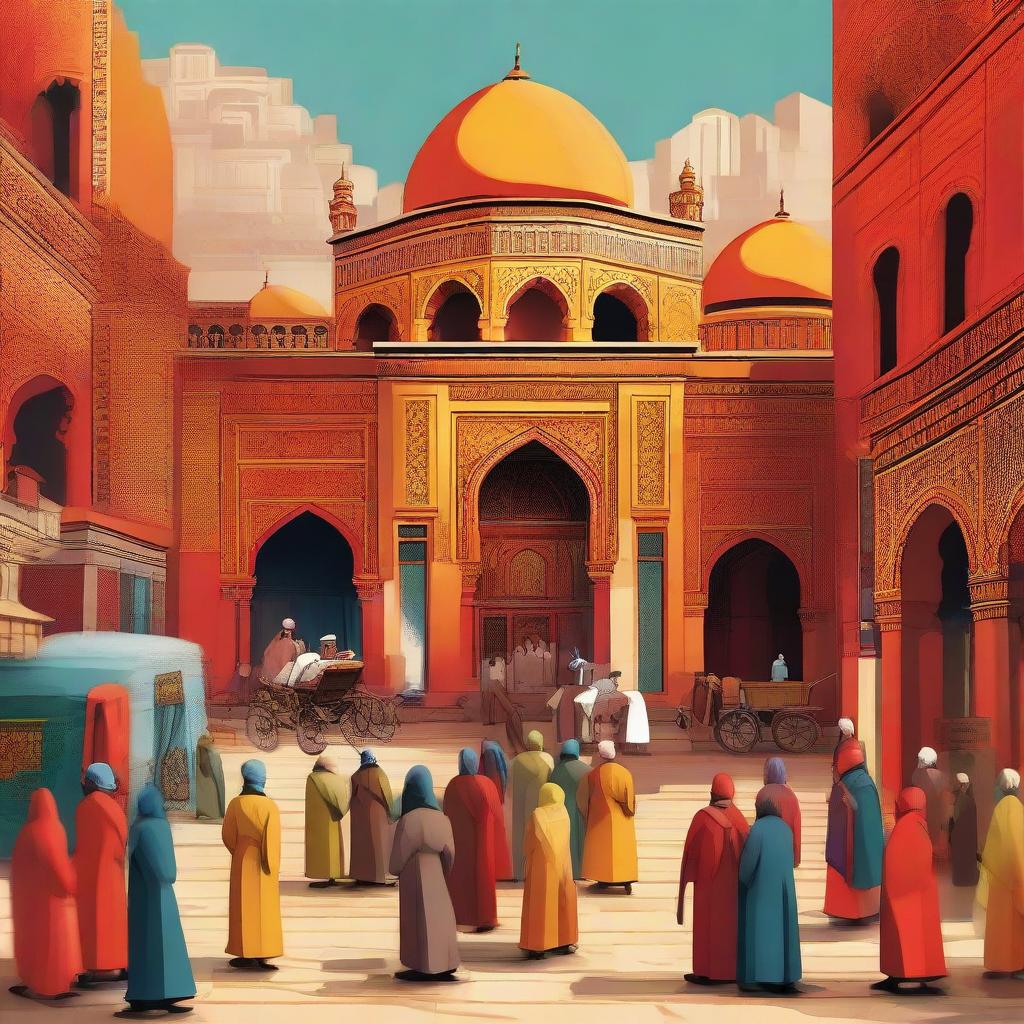 A stylized 2D image capturing the essence of the Ottoman Empire, cloaked in vibrant hues of orange, red, and yellow. The image portrays grand architecture, bustling markets, and culturally significant details.