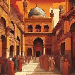 A stylized 2D image capturing the essence of the Ottoman Empire, cloaked in vibrant hues of orange, red, and yellow. The image portrays grand architecture, bustling markets, and culturally significant details.