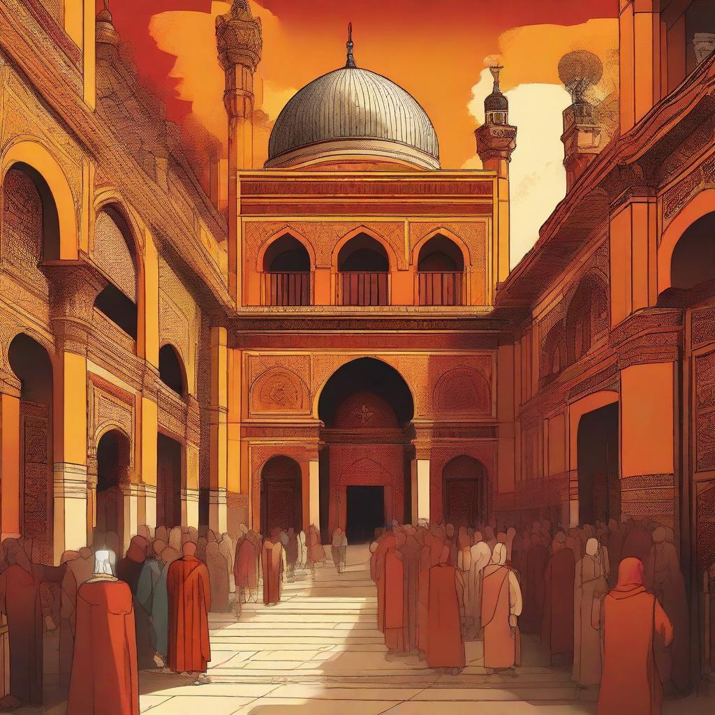 A stylized 2D image capturing the essence of the Ottoman Empire, cloaked in vibrant hues of orange, red, and yellow. The image portrays grand architecture, bustling markets, and culturally significant details.