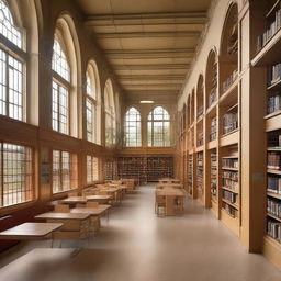 A large school library building featuring tall bookshelves filled with educational resources. It boasts windows for natural light and cozy study spaces.