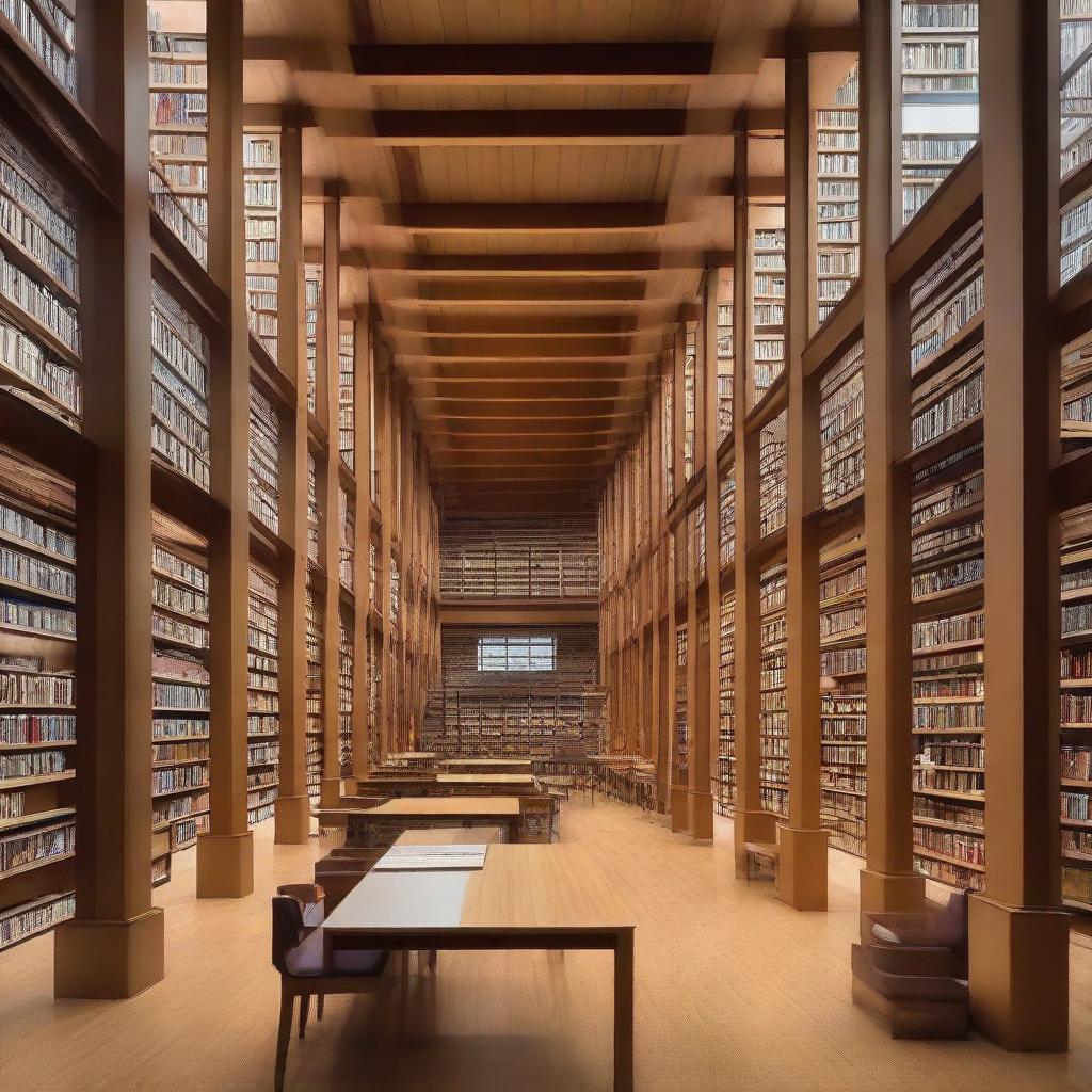 A large school library building featuring tall bookshelves filled with educational resources. It boasts windows for natural light and cozy study spaces.